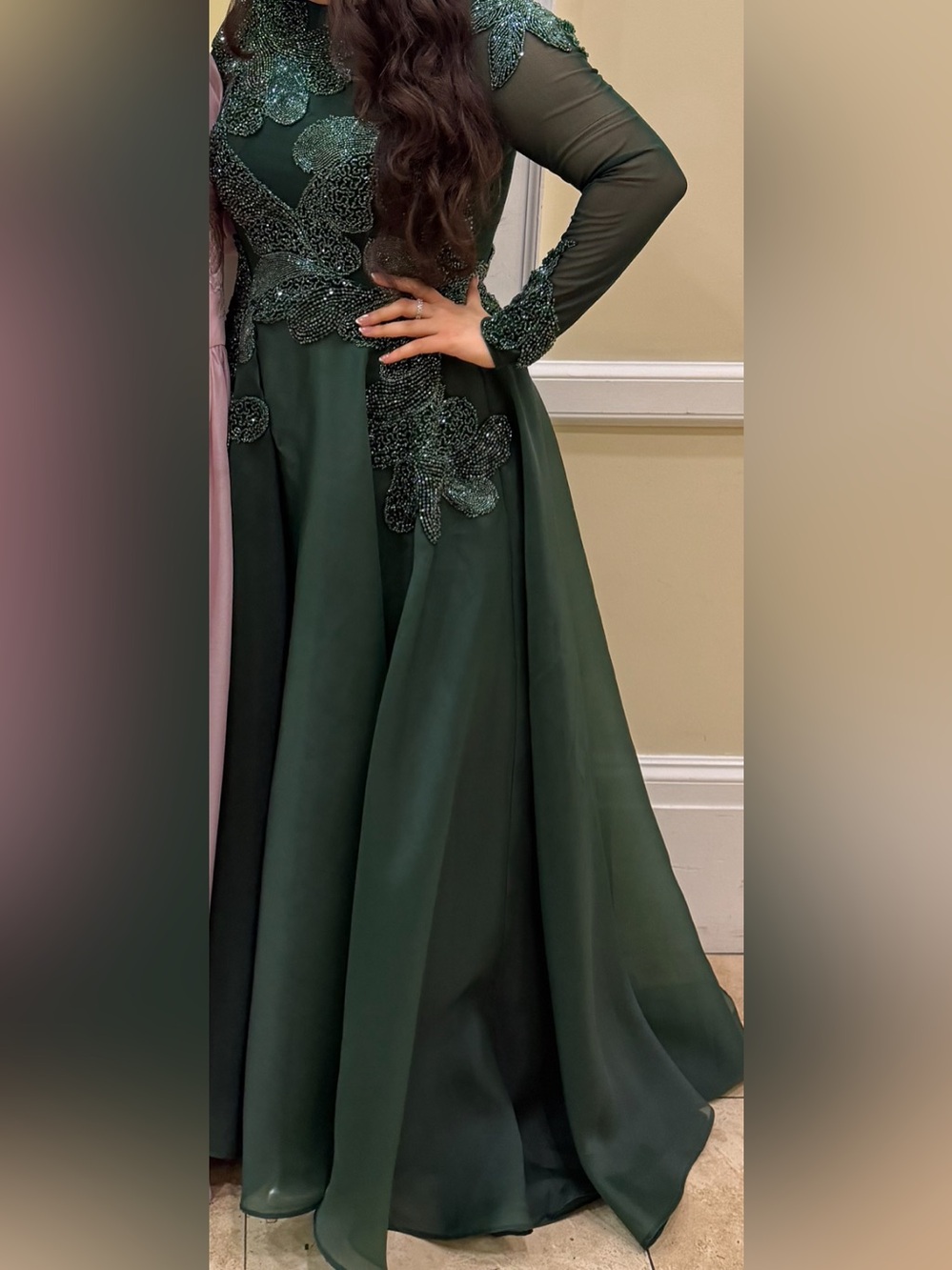 Elegant Forest Green Long Sleeve Evening Gown - Picture 3 of 3